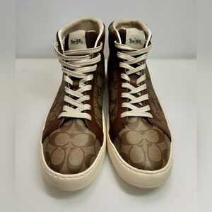Coach High Top Sneaker Shoes Men Size 13D Brown and Beige Leather Pre-owned